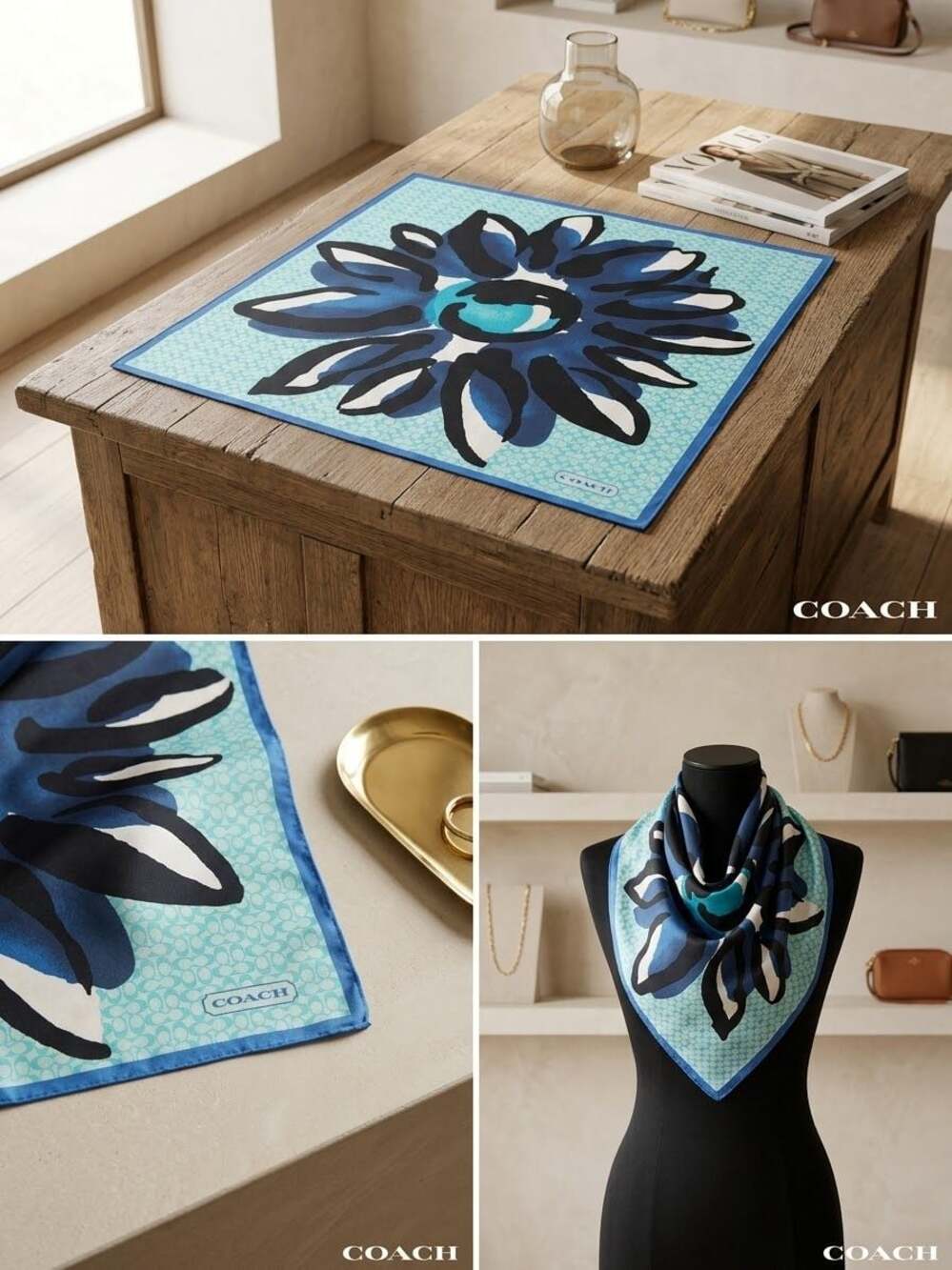 Coach Poppy Blue Signature C & Watercolor Sunflower Print Silk Square Scarf